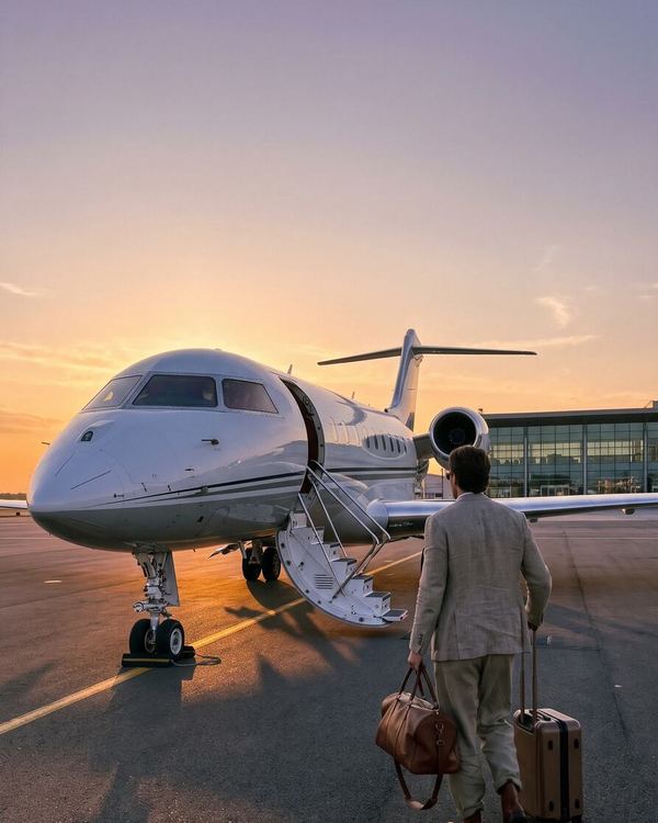 Jet privé sur le tarmac au coucher du soleil