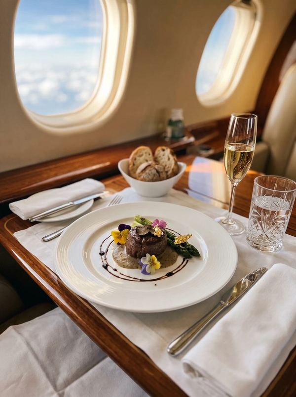 Repas servi à bord d'un jet privé