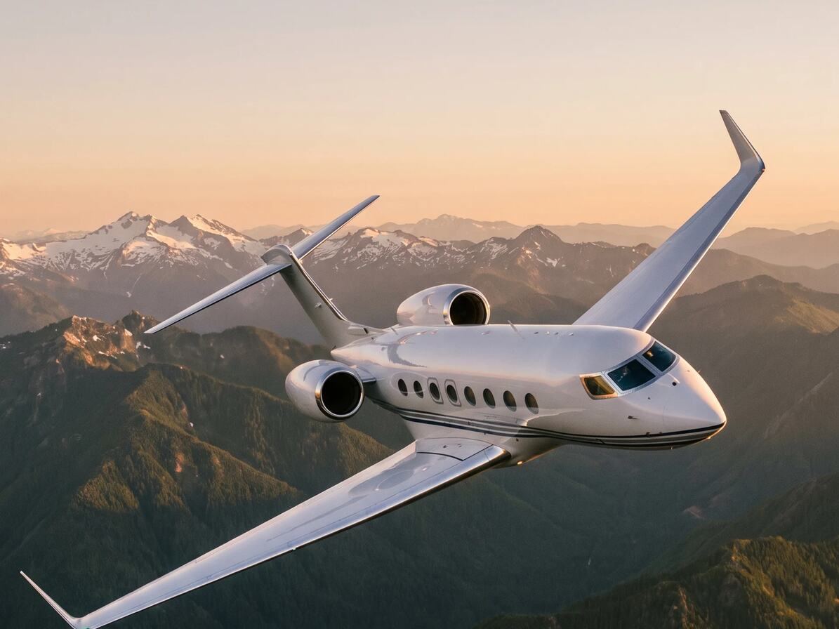 Jet privé au-dessus des montagnes au coucher du soleil
