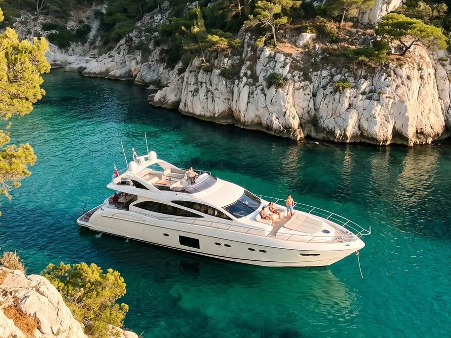 Yacht dans une crique, vue aérienne